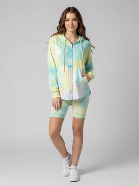 Rose Velvet Lemon & Sky Blue Tie-Dye Zip Hoodie & Biker Shorts 2-Piece Set